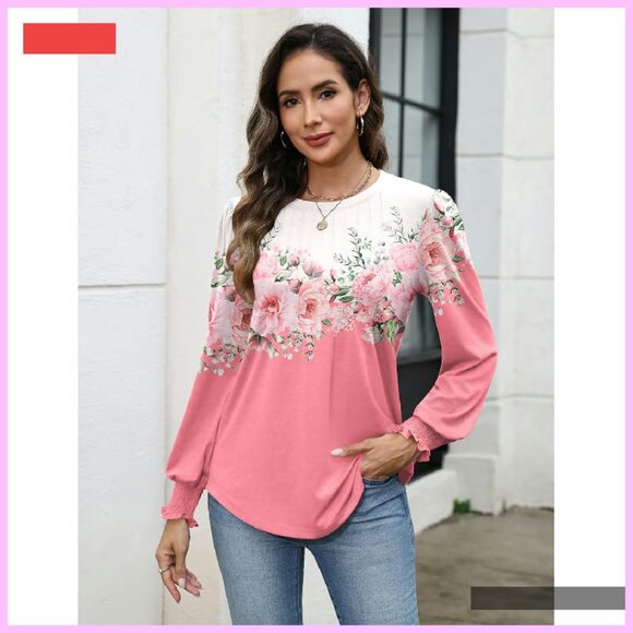 Puff Sleeve Pleated Blouse Long Sleeve Crew Neck Work Casual Top S-3XL - Picture 3 of 4